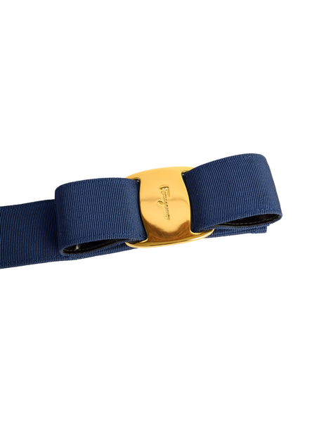 Ferragamo Vintage Vara Royal Blue Grosgrain Gold Bow Buckle Belt