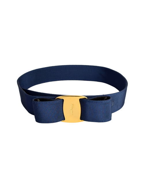 Ferragamo Vintage Vara Royal Blue Grosgrain Gold Bow Buckle Belt