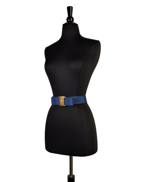 Ferragamo Vintage Vara Royal Blue Grosgrain Gold Bow Buckle Belt