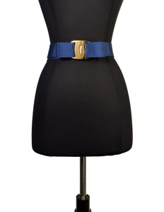 Ferragamo Vintage Vara Royal Blue Grosgrain Gold Bow Buckle Belt