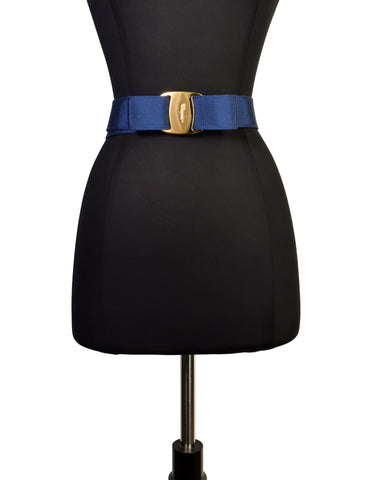 Ferragamo Vintage Vara Royal Blue Grosgrain Gold Bow Buckle Belt
