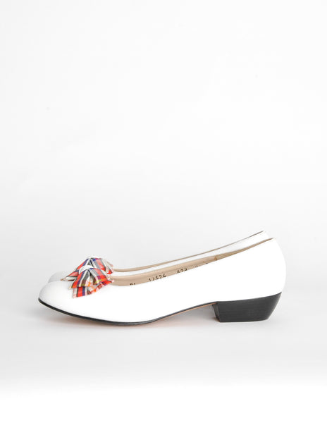 Ferragamo Vintage White and Plaid Bow Front Pump Shoes