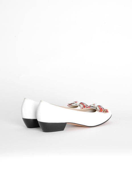 Ferragamo Vintage White and Plaid Bow Front Pump Shoes