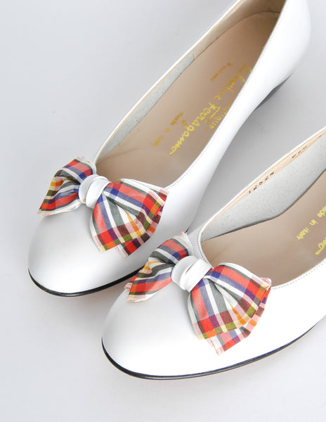 Ferragamo Vintage White and Plaid Bow Front Pump Shoes