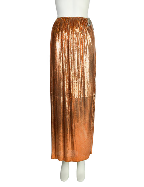 Ferrara Vintage Orange Silver Ombre Metallic Metal Mesh Rhinestone Halter Top and Skirt Ensemble Set