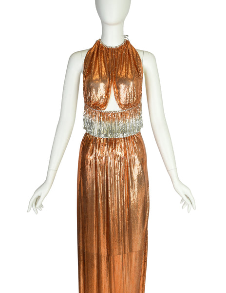 Ferrara Vintage Orange Silver Ombre Metallic Metal Mesh Rhinestone Halter Top and Skirt Ensemble Set