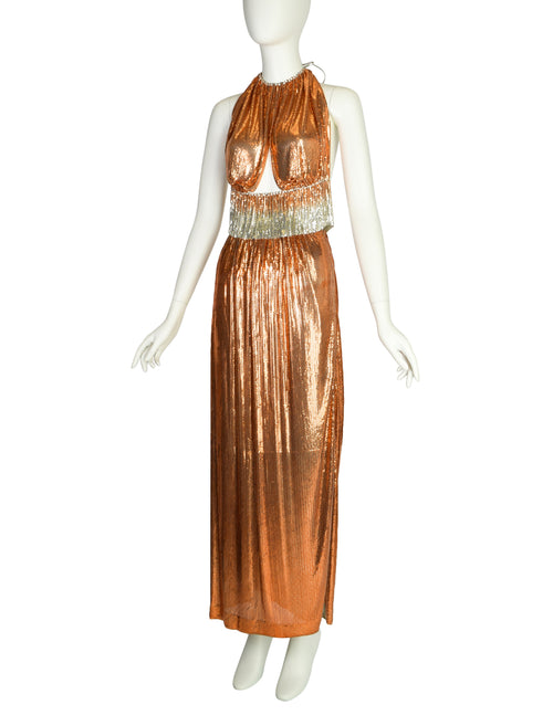 slim fit dress slacks Ferrara Bronzed Metallic Enamel Mesh Slinky Halter Mini Dress – THE WAY WE  WORE main image 0