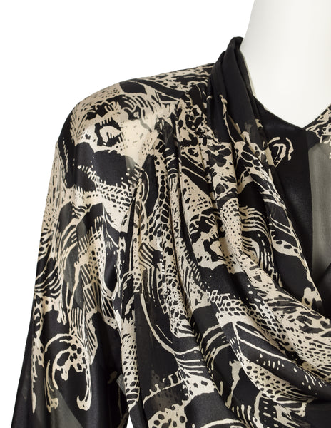 Gianfranco Ferre Vintage Black Cream Baroque Print Striped Silk Draping Scarf Top
