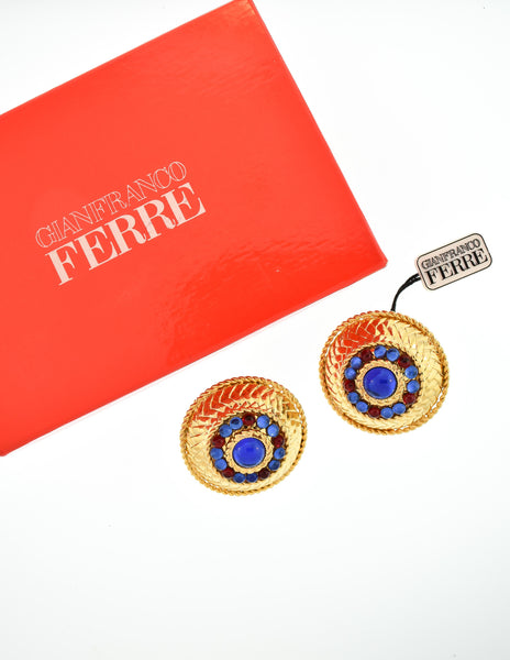 Gianfranco Ferré Vintage Gold Blue & Red Rhinestone Earrings