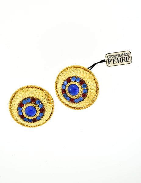 Gianfranco Ferré Vintage Gold Blue & Red Rhinestone Earrings