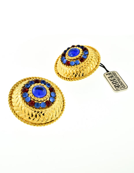 Gianfranco Ferré Vintage Gold Blue & Red Rhinestone Earrings
