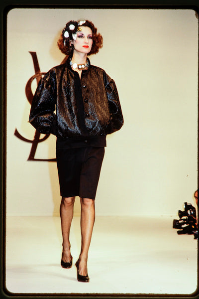Yves Saint Laurent Vintage SS 1984 Black Brocade Metallic Puff Sleeve