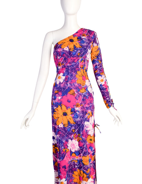 Frederick's of Hollywood Vintage 1970s Purple Floral One Shoulder Lace Up Detail Maxi Dress