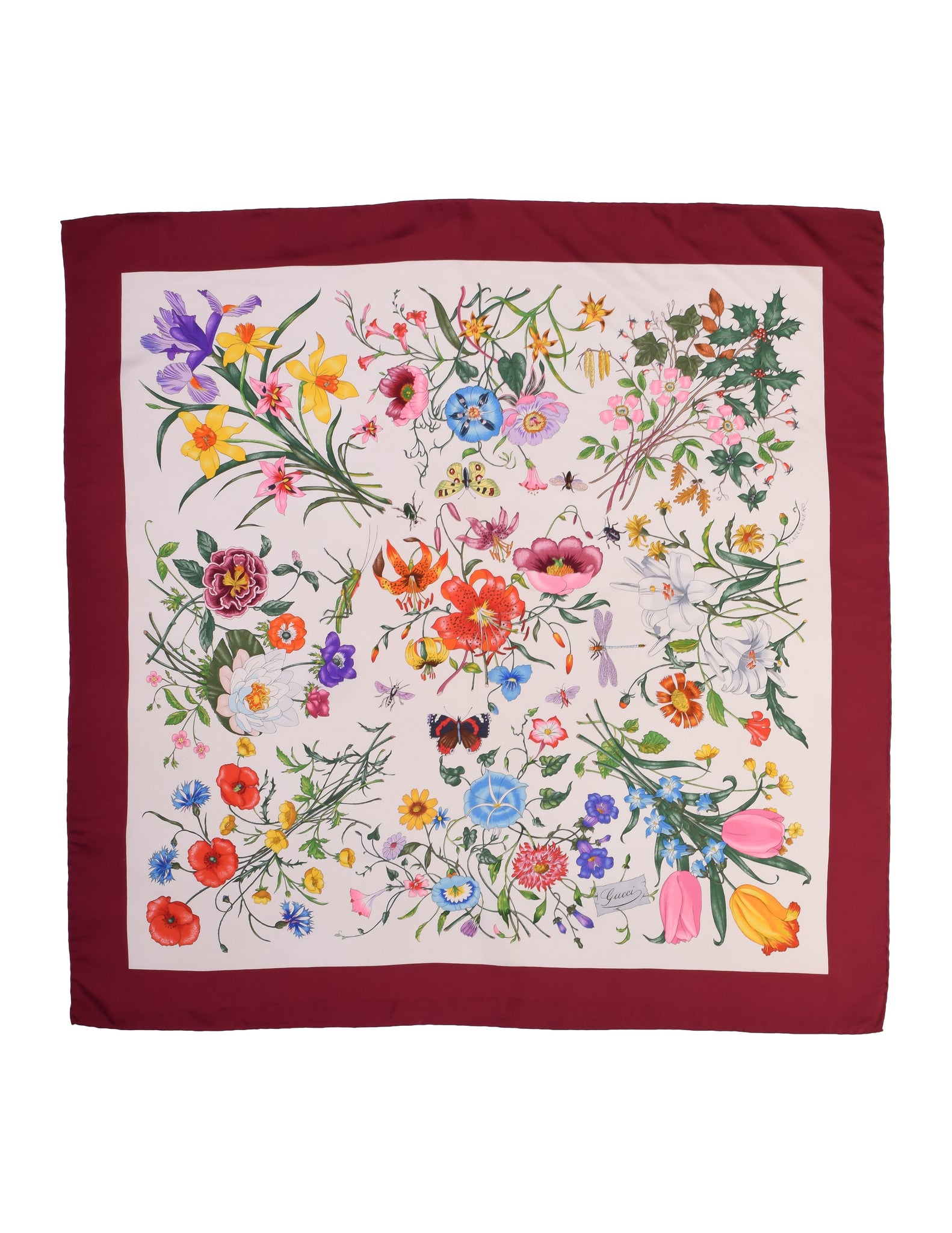 Gucci Vintage Iconic V. Accornero Flora Botanical Print Maroon Border Silk Scarf