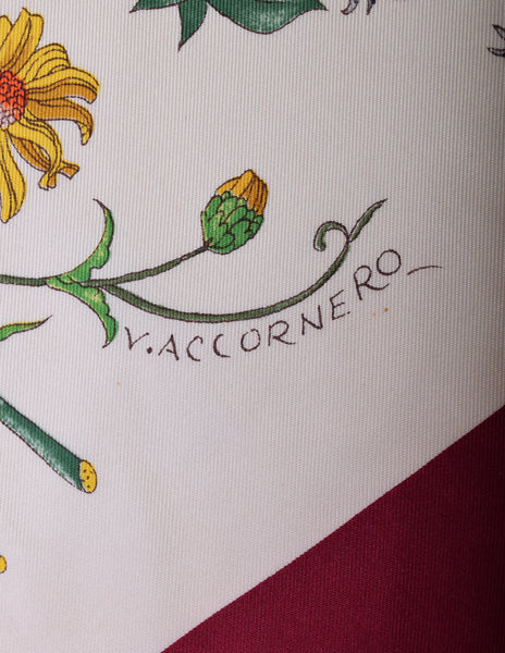 Gucci Vintage Iconic V. Accornero Flora Botanical Print Maroon Border Silk Scarf