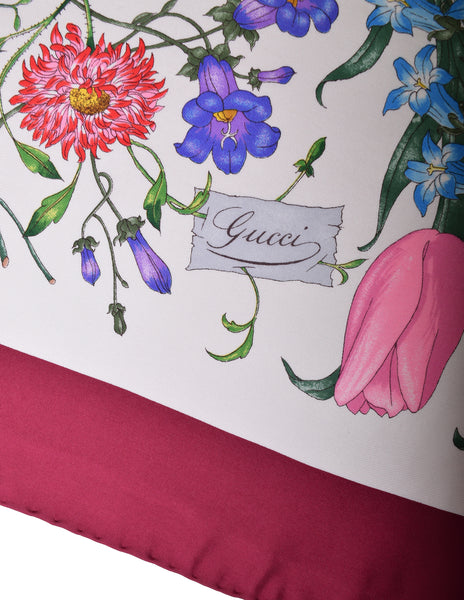 Gucci Vintage Iconic V. Accornero Flora Botanical Print Maroon Border Silk Scarf