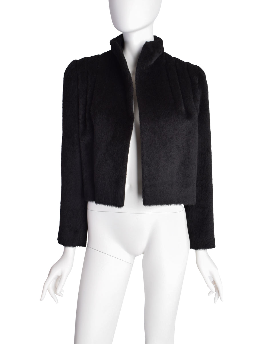 Galanos Vintage Black Alpaca Wool Structured Shoulder Cropped Jacket C ...