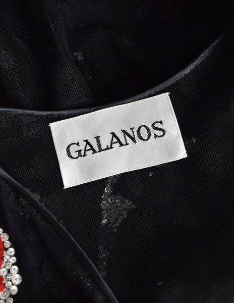 Galanos Vintage Black Dot Net Mesh Red White Silver Sequin Beaded Floral Balloon Sleeve Blouse Top
