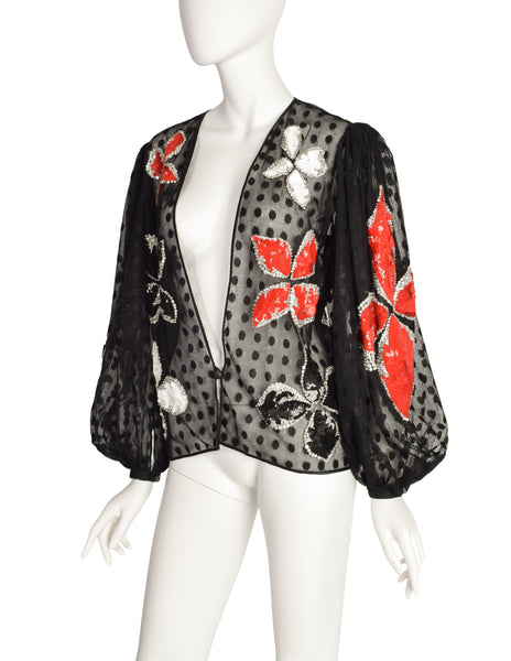 Galanos Vintage Black Dot Net Mesh Red White Silver Sequin Beaded Floral Balloon Sleeve Blouse Top