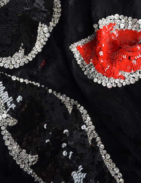 Galanos Vintage Black Dot Net Mesh Red White Silver Sequin Beaded Floral Balloon Sleeve Blouse Top