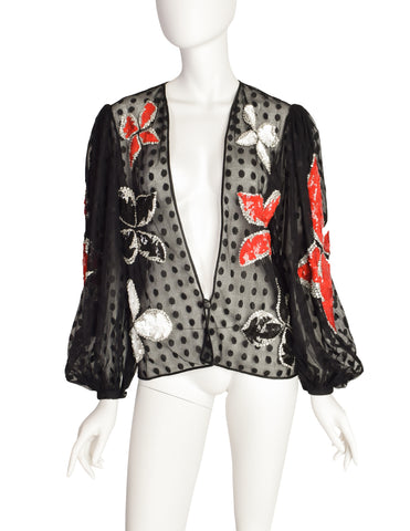 Galanos Vintage Black Dot Net Mesh Red White Silver Sequin Beaded Floral Balloon Sleeve Blouse Top