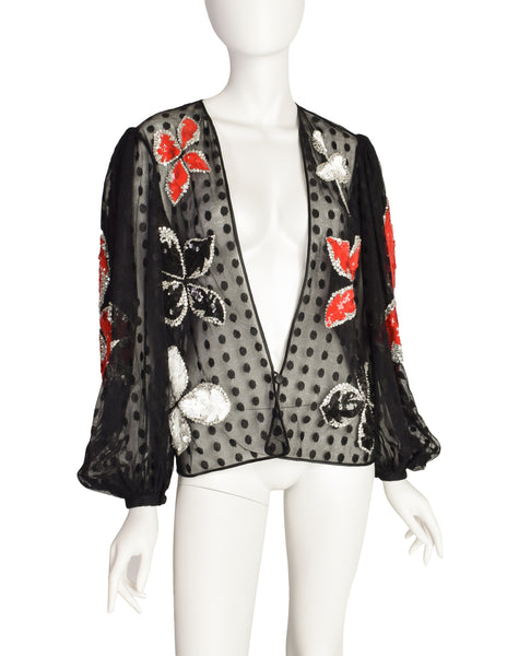 Galanos Vintage Black Dot Net Mesh Red White Silver Sequin Beaded Floral Balloon Sleeve Blouse Top
