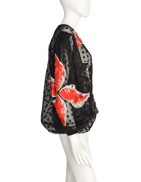 Galanos Vintage Black Dot Net Mesh Red White Silver Sequin Beaded Floral Balloon Sleeve Blouse Top