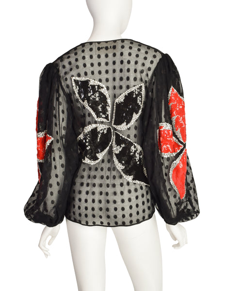 Galanos Vintage Black Dot Net Mesh Red White Silver Sequin Beaded Floral Balloon Sleeve Blouse Top