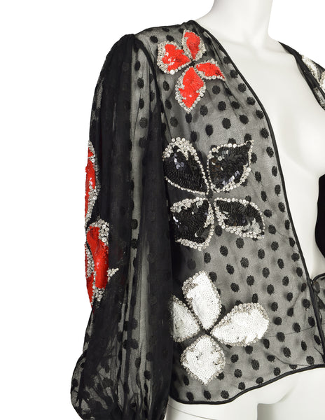Galanos Vintage Black Dot Net Mesh Red White Silver Sequin Beaded Floral Balloon Sleeve Blouse Top