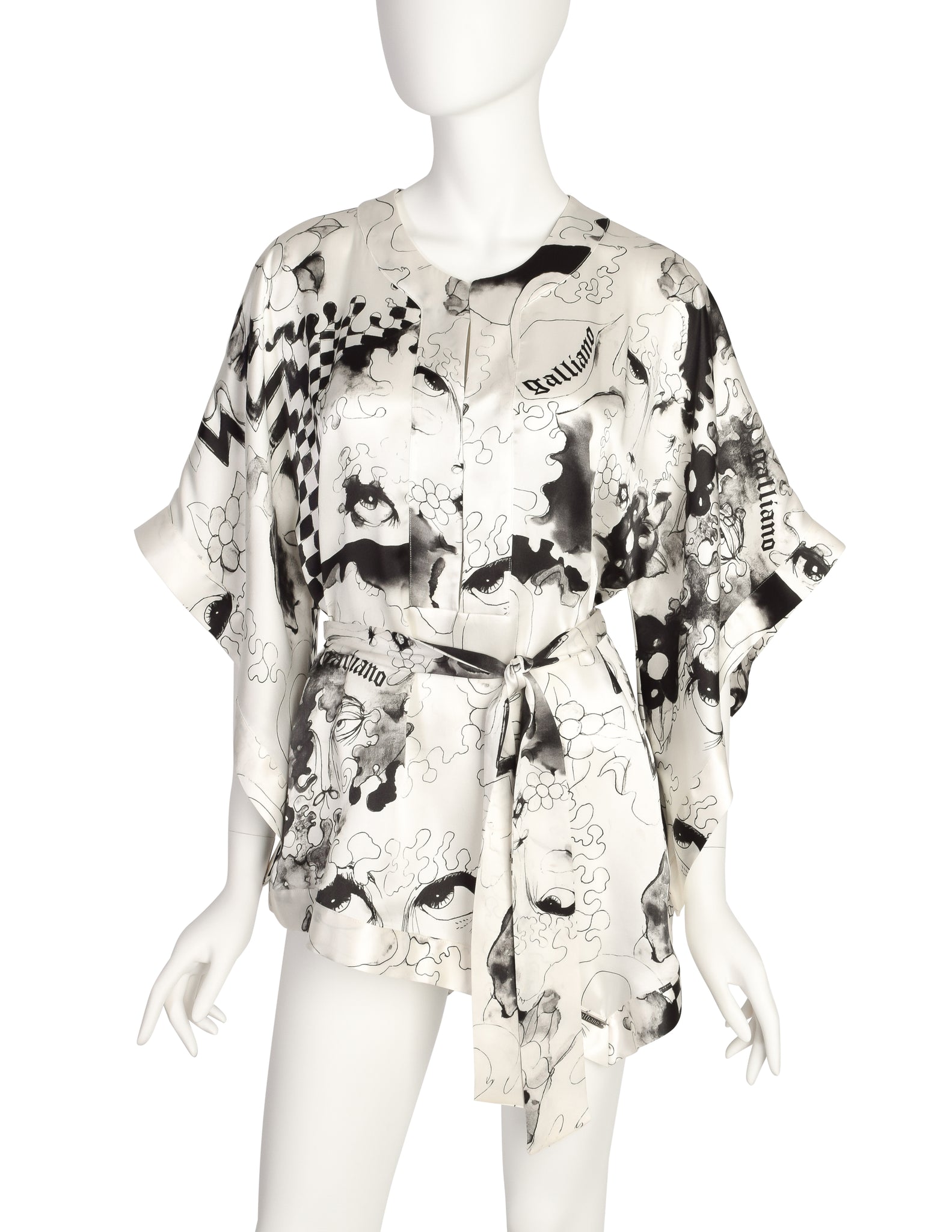John Galliano Vintage White Black Grey Face Eye Painterly Art Print Silk Top