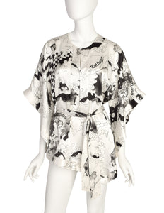 John Galliano Vintage White Black Grey Face Eye Painterly Art Print Silk Top