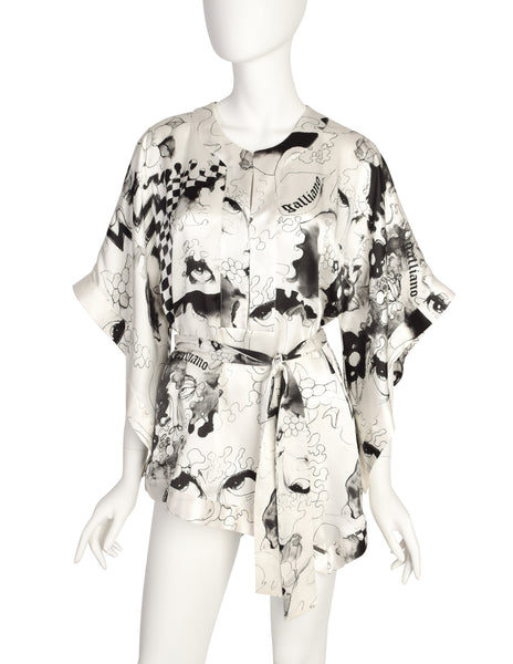 John Galliano Vintage White Black Grey Face Eye Painterly Art Print Silk Top