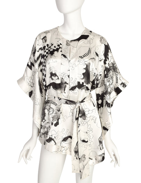 John Galliano Vintage White Black Grey Face Eye Painterly Art Print Silk Top
