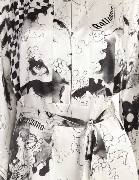 John Galliano Vintage White Black Grey Face Eye Painterly Art Print Silk Top