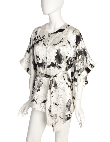 John Galliano Vintage White Black Grey Face Eye Painterly Art Print Silk Top