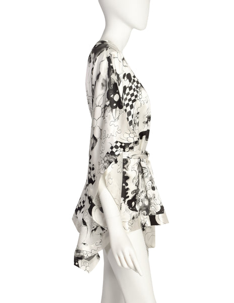 John Galliano Vintage White Black Grey Face Eye Painterly Art Print Silk Top