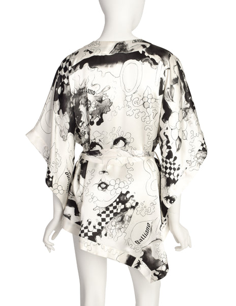 John Galliano Vintage White Black Grey Face Eye Painterly Art Print Silk Top