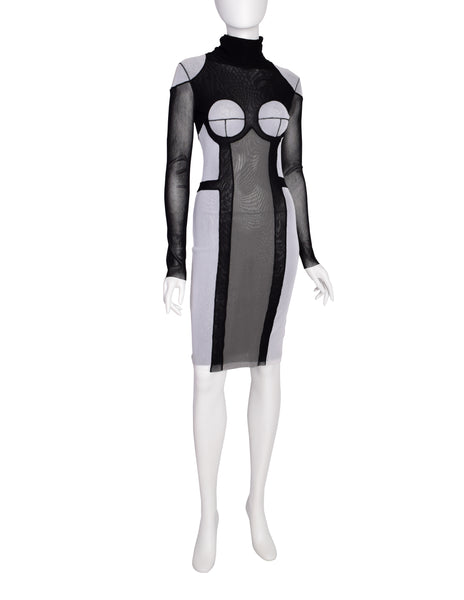 Jean Paul Gaultier Vintage Black Grey Trompe L'oeil Patchwork Mesh Turtleneck Dress