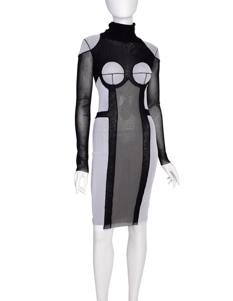 Jean Paul Gaultier Vintage Black Grey Trompe L'oeil Patchwork Mesh Turtleneck Dress