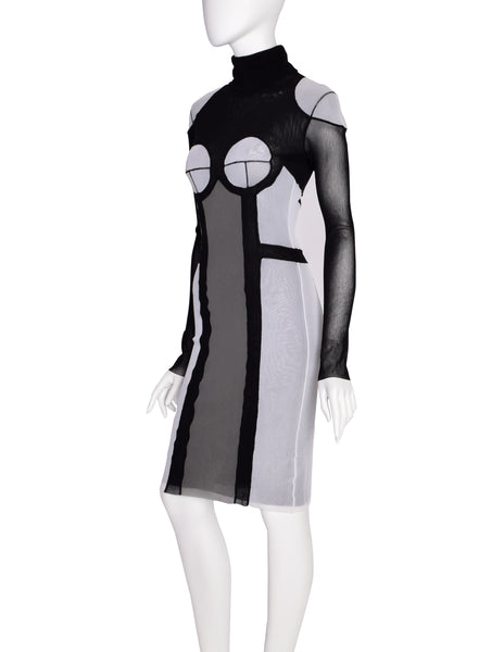 Jean Paul Gaultier Vintage Black Grey Trompe L'oeil Patchwork Mesh Turtleneck Dress