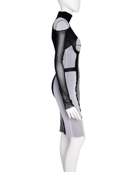 Jean Paul Gaultier Vintage Black Grey Trompe L'oeil Patchwork Mesh Turtleneck Dress