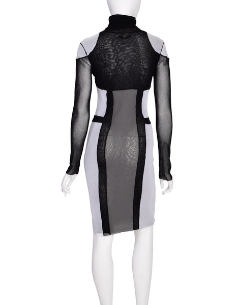 Jean Paul Gaultier Vintage Black Grey Trompe L'oeil Patchwork Mesh Turtleneck Dress
