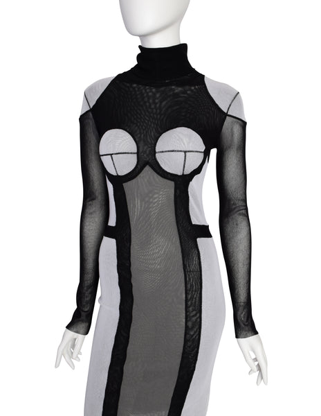Jean Paul Gaultier Vintage Black Grey Trompe L'oeil Patchwork Mesh Turtleneck Dress