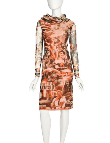 Jean Paul Gaultier Vintage Paris Cinema Brown Red Orange Mesh Dress