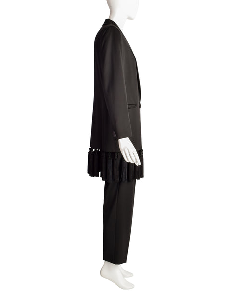 Genny Vintage Black Longline Tassel Blazer and Trouser Pant Suit