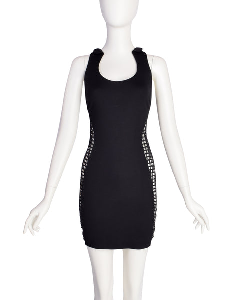 Geoffrey Beene Vintage 1990s Black Grid Cutout Side Bodycon Mini Dress