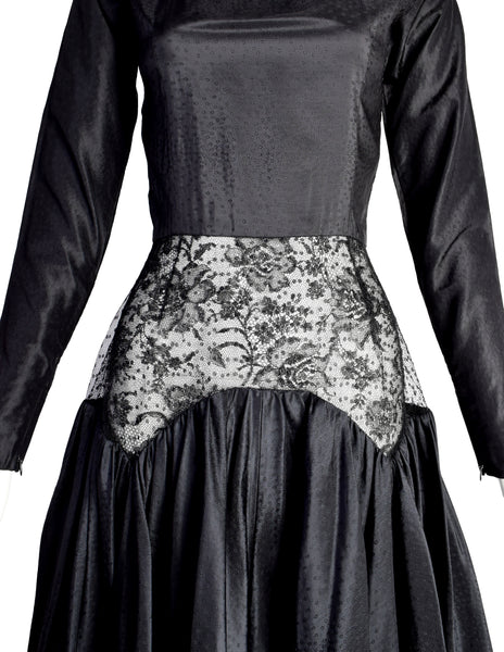 Geoffrey Beene Vintage 1980s Black Silk Taffeta Jacquard Cutout Lace Waist Party Dress