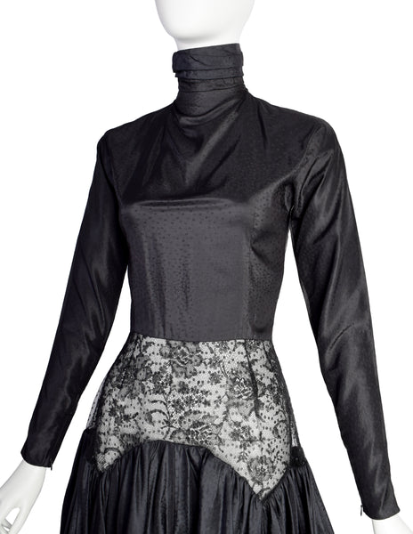 Geoffrey Beene Vintage 1980s Black Silk Taffeta Jacquard Cutout Lace Waist Party Dress