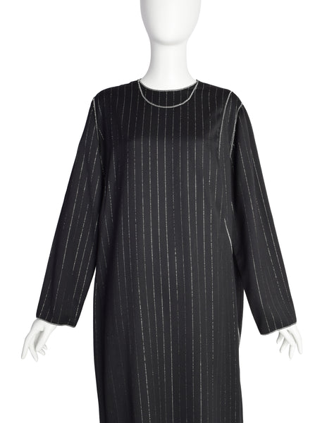 Geoffrey Beene Vintage 1990s Black Wool Gabardine Silver Metallic Pinstripe Caftan Dress