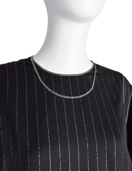 Geoffrey Beene Vintage 1990s Black Wool Gabardine Silver Metallic Pinstripe Caftan Dress